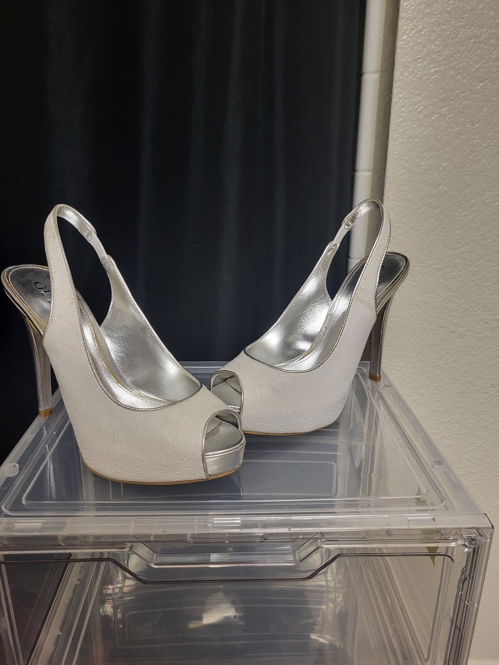 Guess White Peep-Toe Slingback Platform Heels with Silver Trim